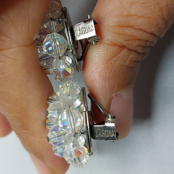 Vintage LAGUNA Elegant AB Crystal Cluster Silver Tone Omega Back Clip Earrings - Picture 5 of 6